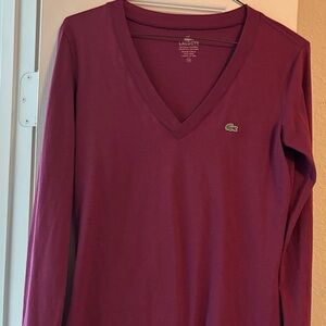 Lacoste Maroon V-Neck Long Sleeve Shirt